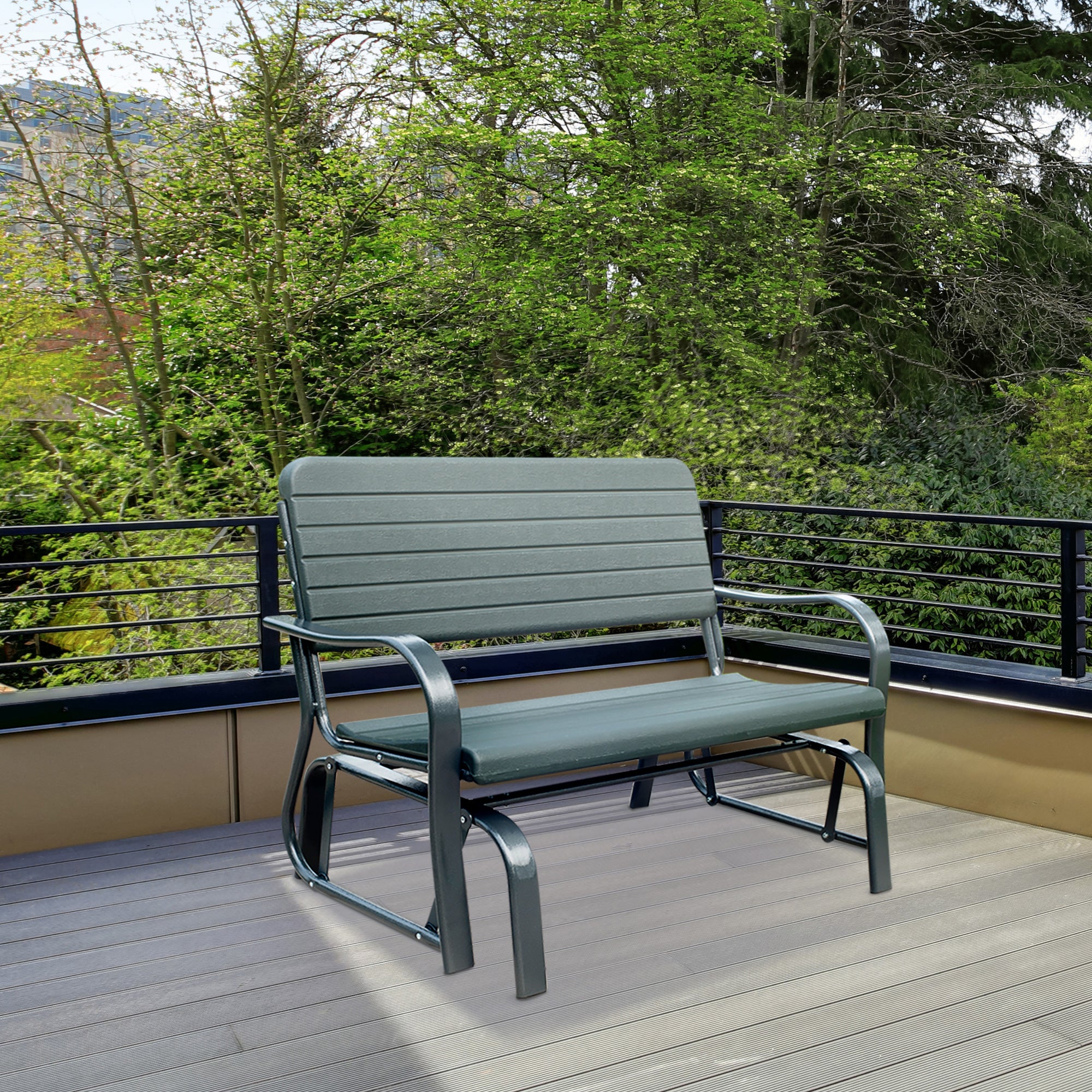 Outsunny 2 Seats Garden Glider Bench, Metal Frame and HDPE Swing Loveseat, Porch Rocking Glider for 2 Person with High Back and Armrest, Dark Green 