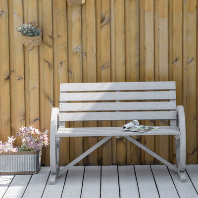 Outsunny Wooden Cart Wagon Wheel 2 Seater Garden Bench Outdoor Garden Armrest Chair Rustic High Back Loveseat Grey 
