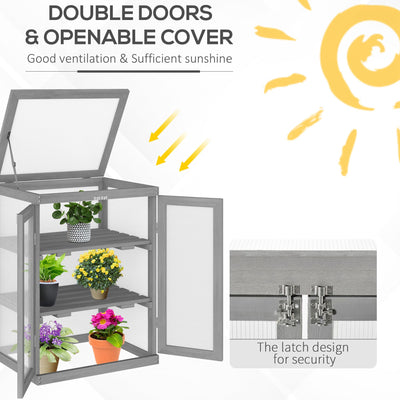 Outsunny 3-tier Wood Greenhouse Garden Polycarbonate Cold Frame Balcony Grow House w/ Storage Shelf for Plants, Flowers, Dark Grey 