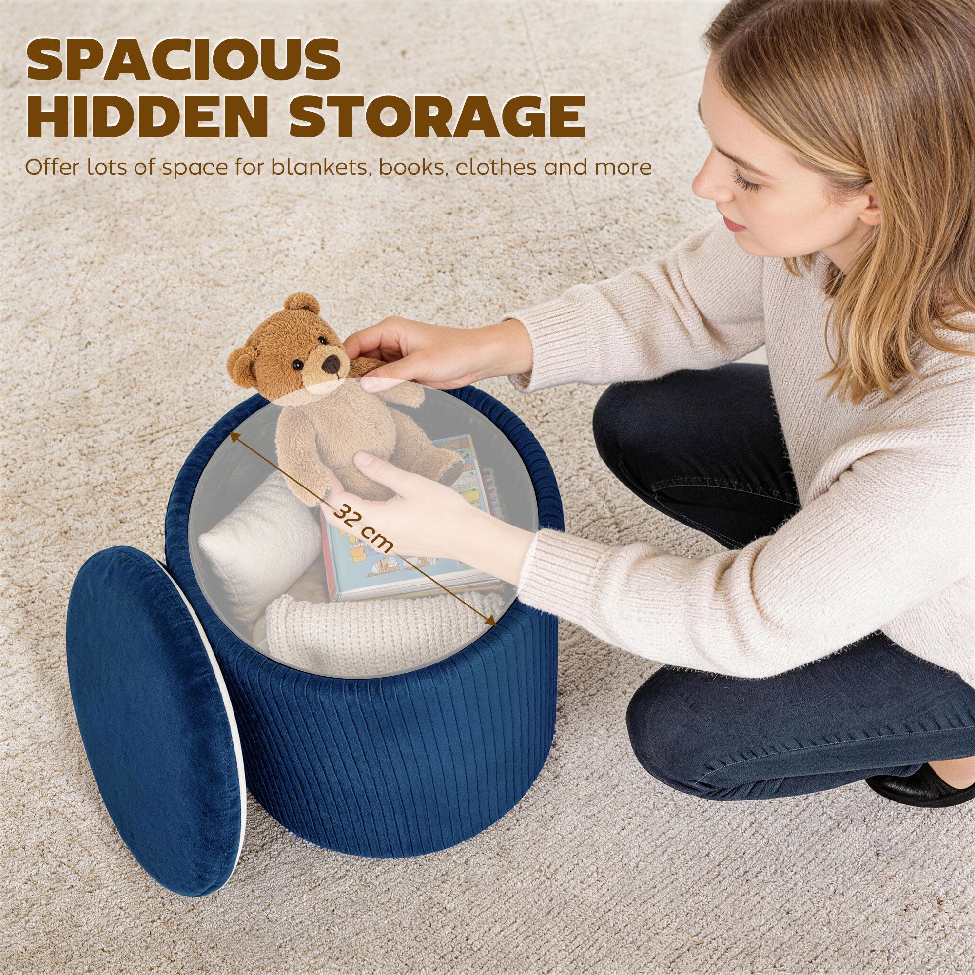 HOMCOM Storage Ottoman Modern Velvet Round Foot Stool for Living Room Bedroom 45 cm Blue 