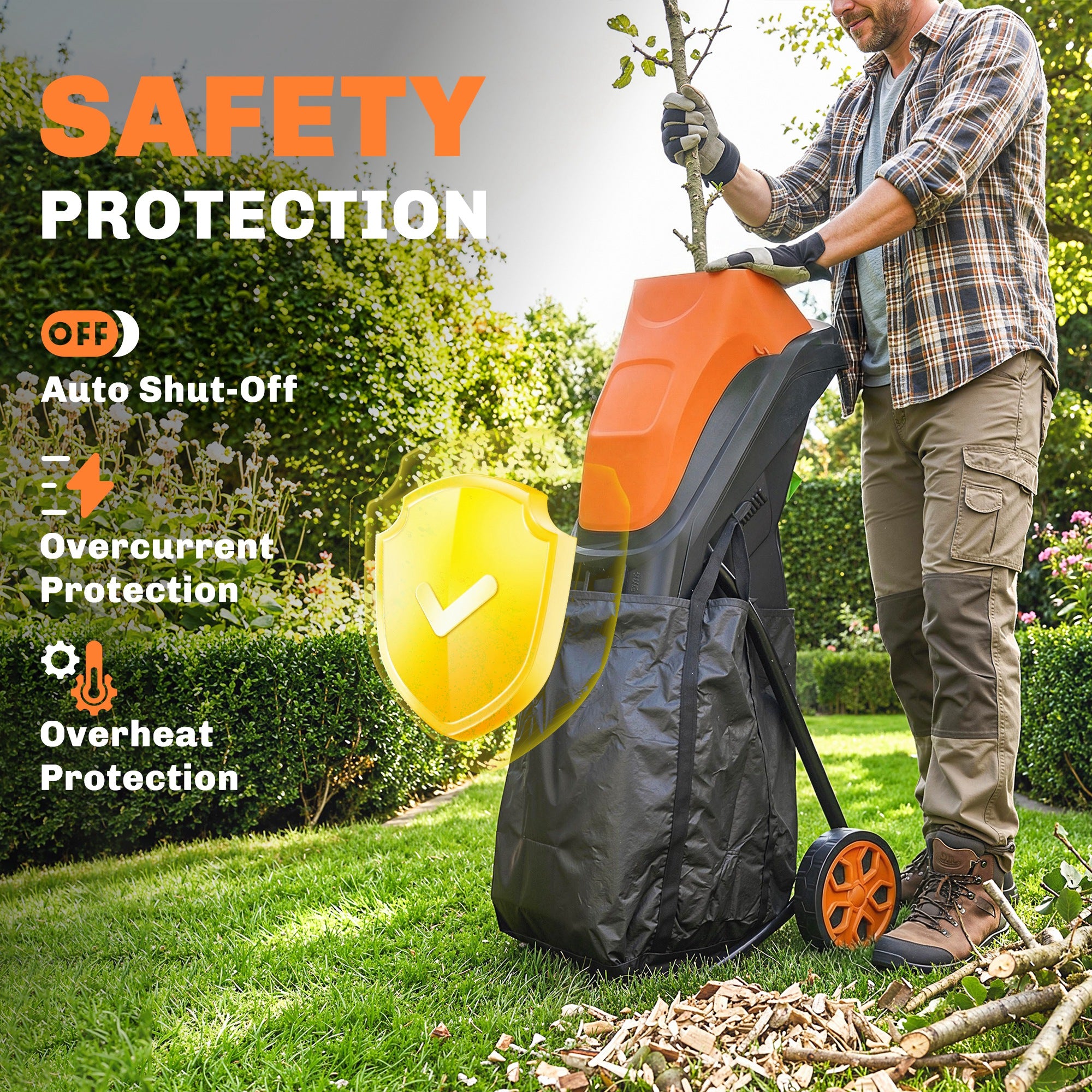 Outsunny 2500W Electric Wood Chipper, Corded Wood Mulcher Shredder with 45L Collection Bag, 4300RPM, 44mm Cutting Diameter 