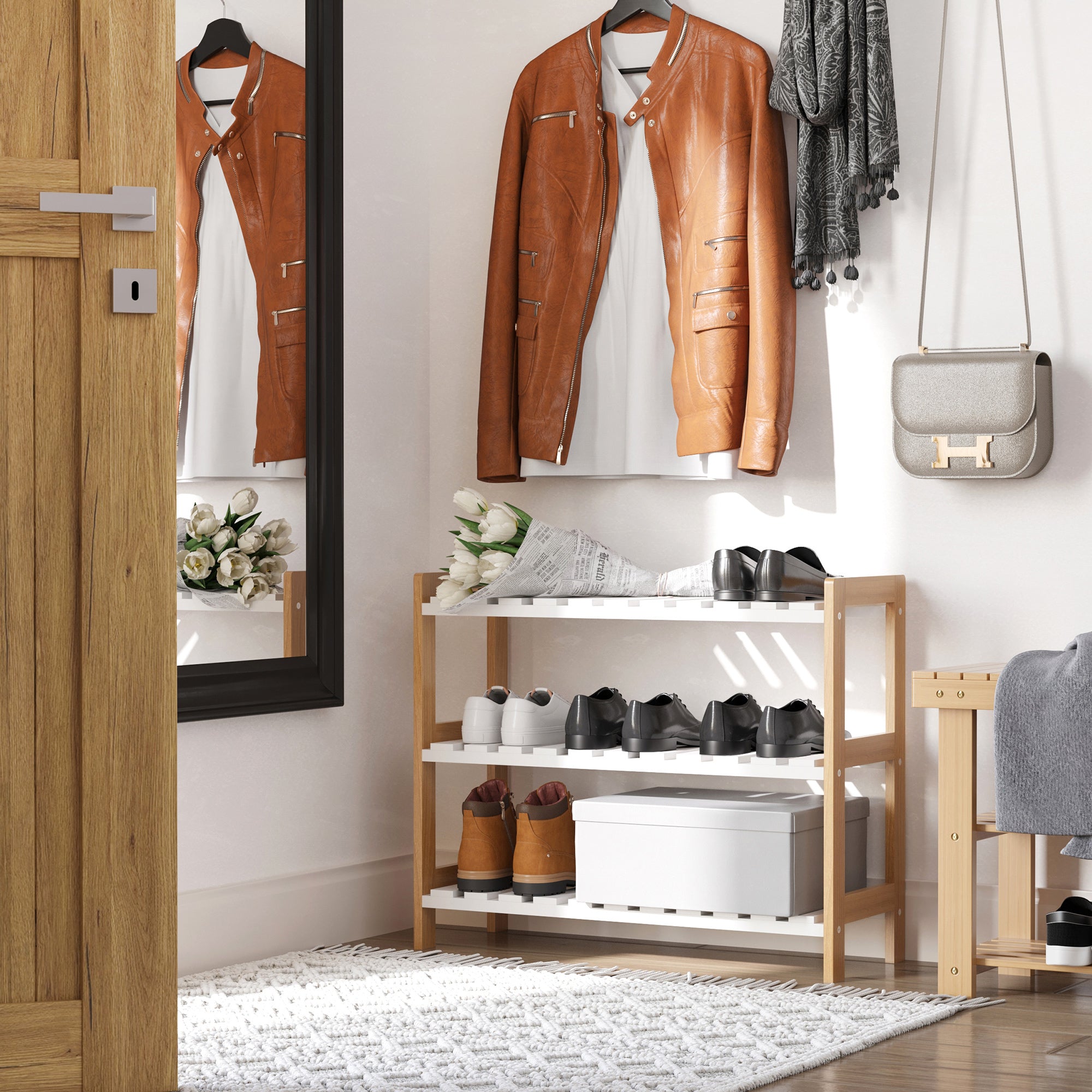 HOMCOM 3-Tier Shoe Rack Wood Frame Slatted Shelves Spacious Open Hygienic Storage Home Hallway Furniture Family Guests 70L x 26W x 57.5H cm - Natural 