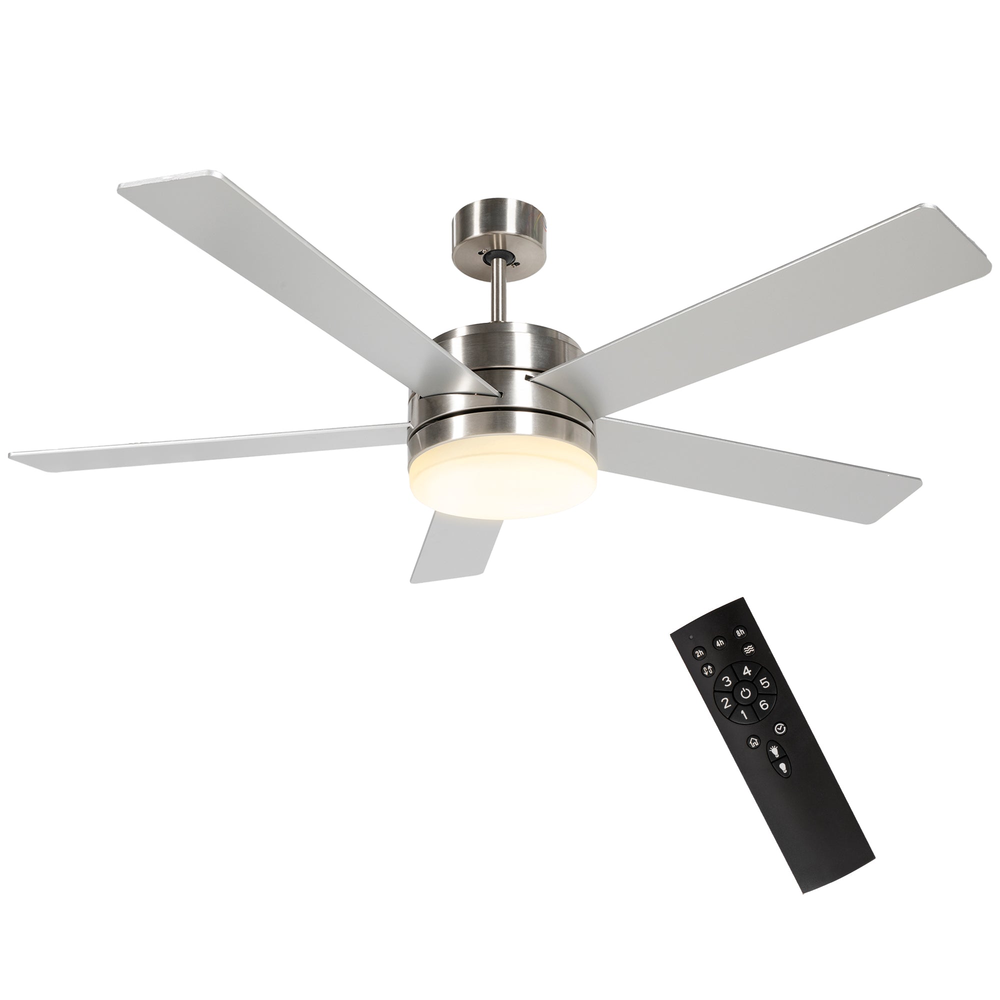 HOMCOM 52" Ceiling Fans with Light and Remote, 132CM LED Ceiling Fan with 5 Blades, 5-Speed, Timer, Quiet Reversible DC Motor, for Bedroom, Living Room, Silver and Beech Wood-effect 