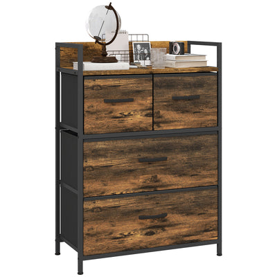HOMCOM Rustic Chest of Four Fabric Drawers - Rustic Brown 