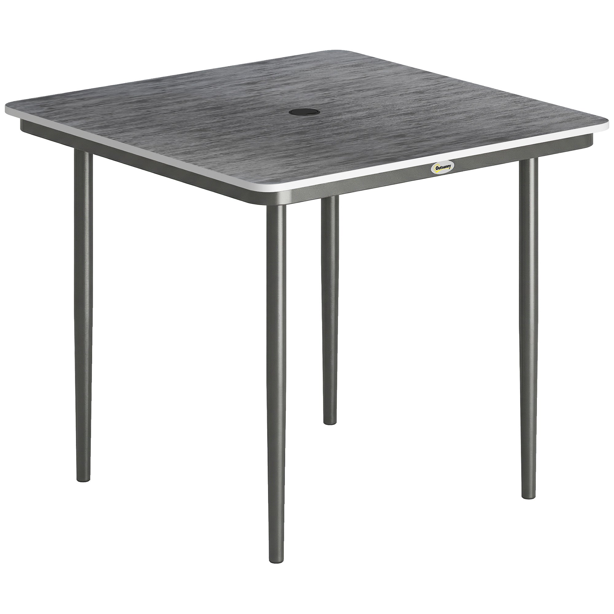 Outsunny Garden Dining Table for 4, 85 cm Square Outdoor Table with Umbrella Hole, Faux Wood Top, Metal Legs, Dark Grey 