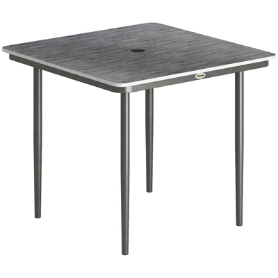 Outsunny Garden Dining Table for 4, 85 cm Square Outdoor Table with Umbrella Hole, Faux Wood Top, Metal Legs, Dark Grey 