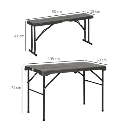 Outsunny Folding Picnic Table with 2 Benches, 3-Piece Portable Garden Furniture Set for 4, Dining Table Set with Plastic Top, Steel Frame, Dark Grey 