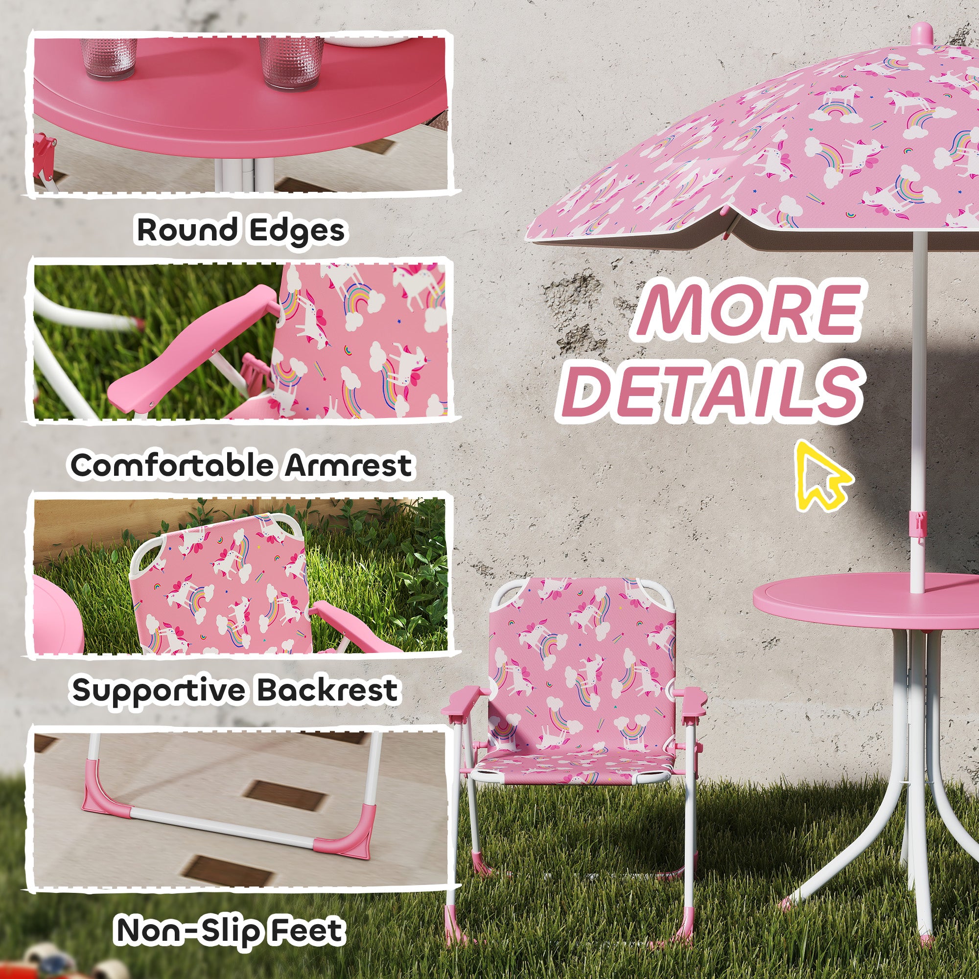 AIYAPLAY Kids Patio Table and Chair Set, Kids Garden Furniture with Umbrella, 4-Piece Bistro Set for Garden, Pink 