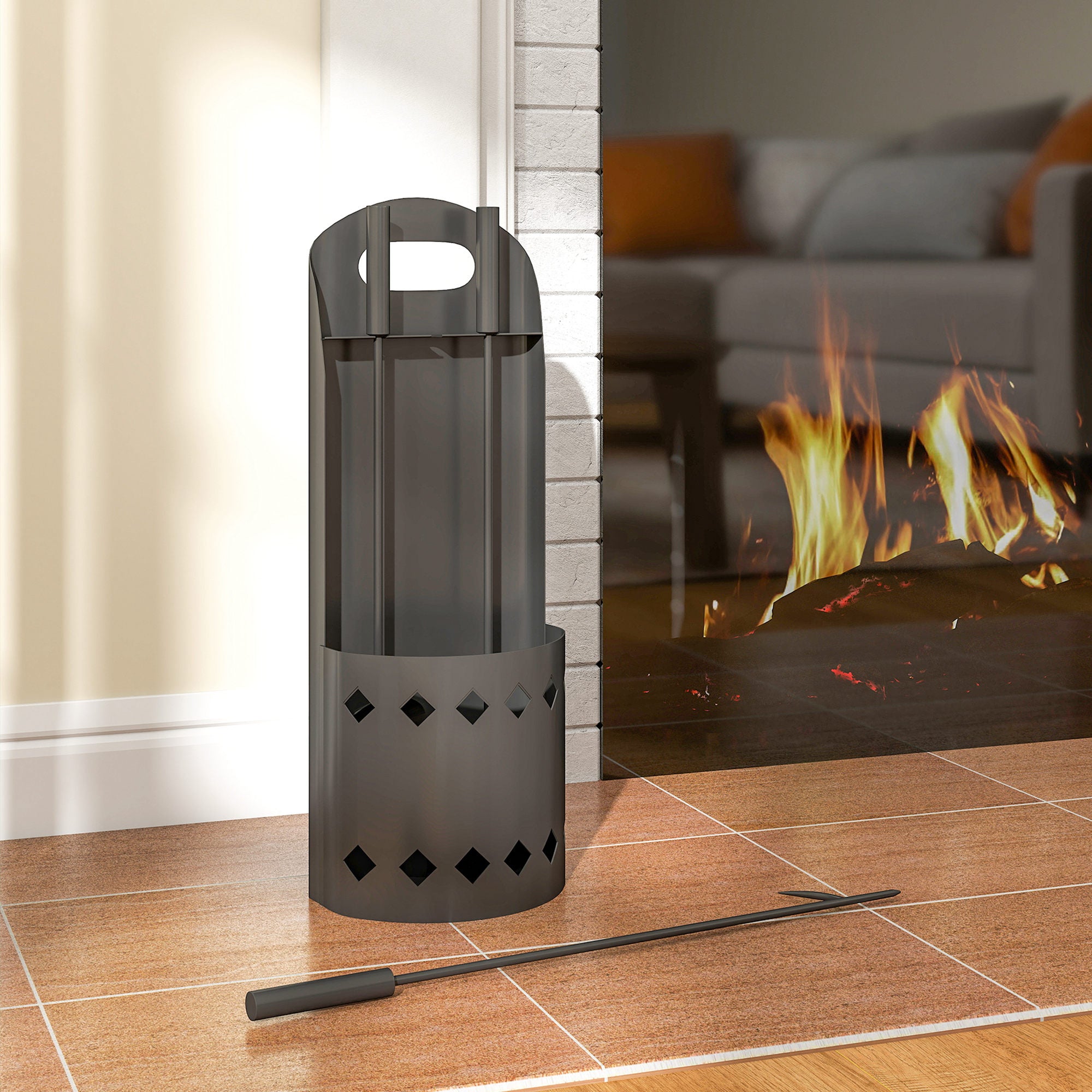 Outsunny 4 Pieces Fireplace Companion Set, Metal Fireplace Accessories Fireside Companion Set with Broom, Shovel, Poker, Bucket, Black