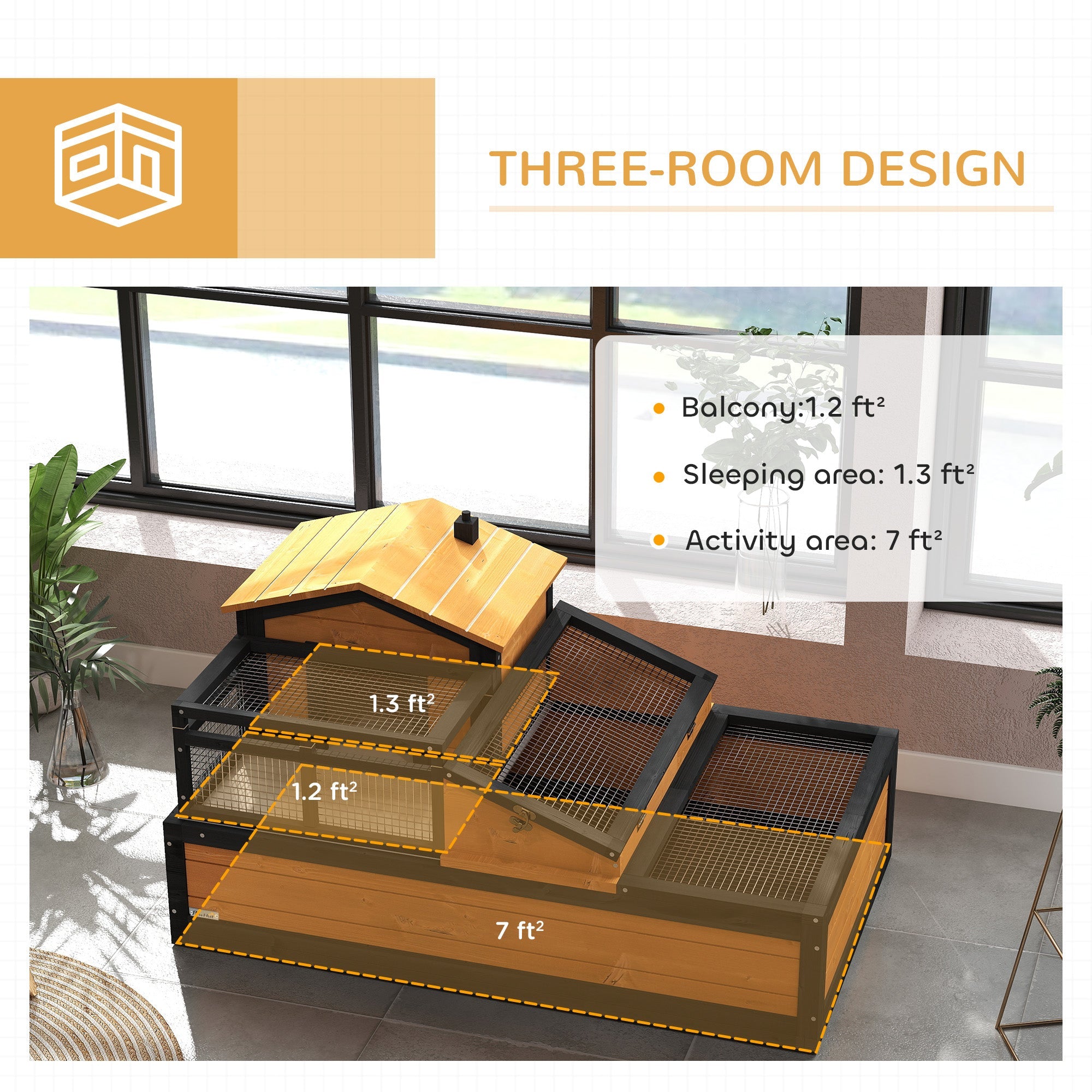 PawHut Wooden Tortoise House with Balcony, Tray, Roof, for Indoor and Outdoor, Yellow 