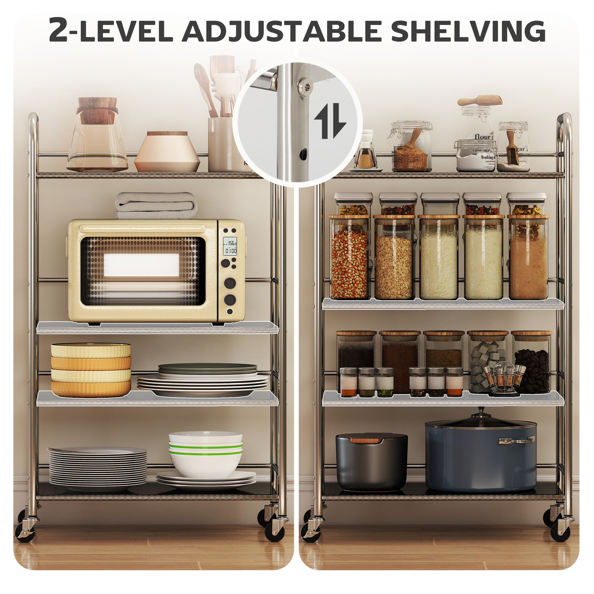 HOMCOM 4 Tier Stainless Steel Kitchen Storage Trolley with Adjustable Shelves - Silver 