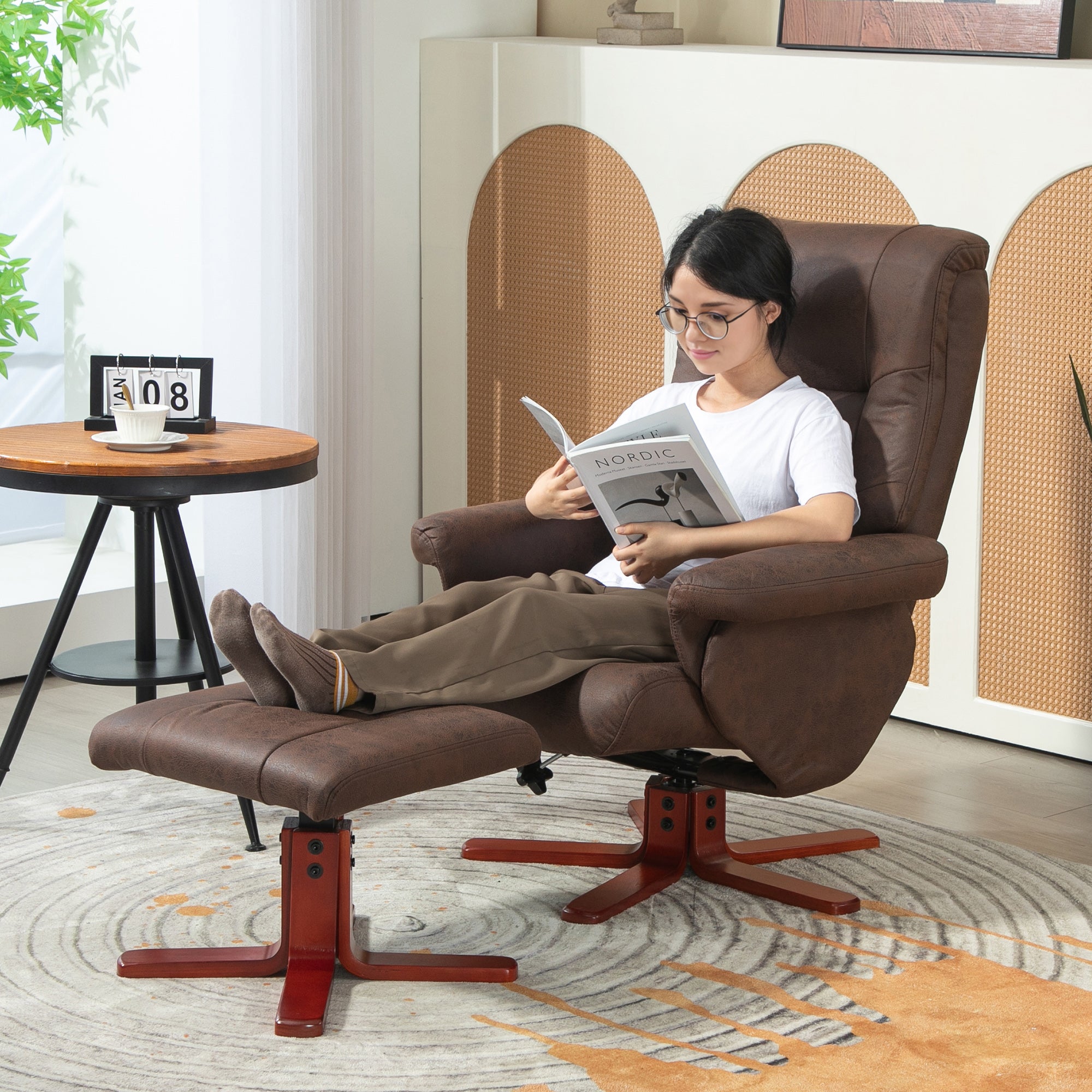 HOMCOM Faux Microfibre Leather Manual Recliner and Footstool Set - Dark Brown 