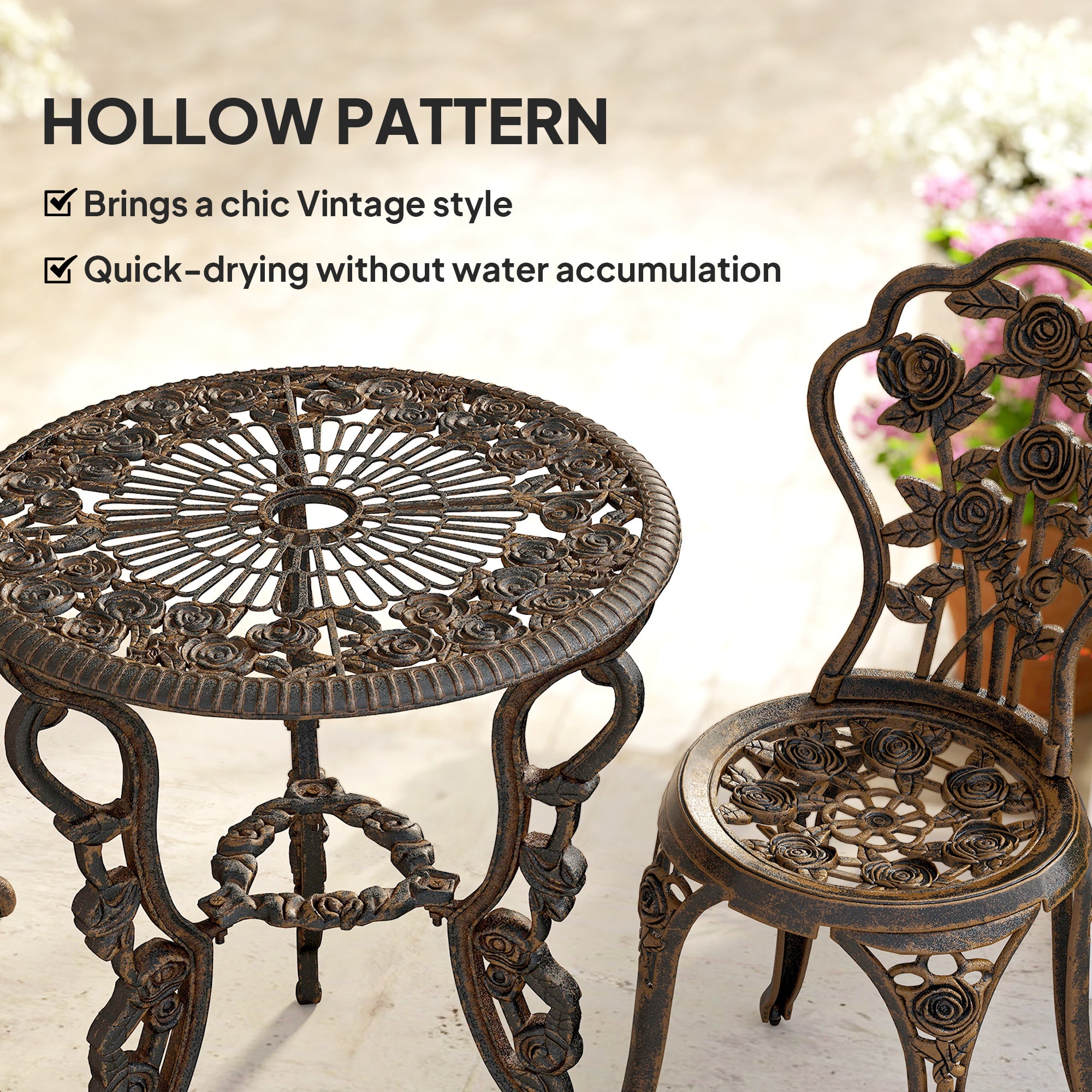 Outsunny Outdoor Bistro Set Vintage Rose Design Patio Furniture Set with Round Table and 2 Chairs Metallic Finish 
