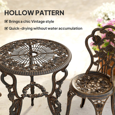Outsunny Outdoor Bistro Set Vintage Rose Design Patio Furniture Set with Round Table and 2 Chairs Metallic Finish 