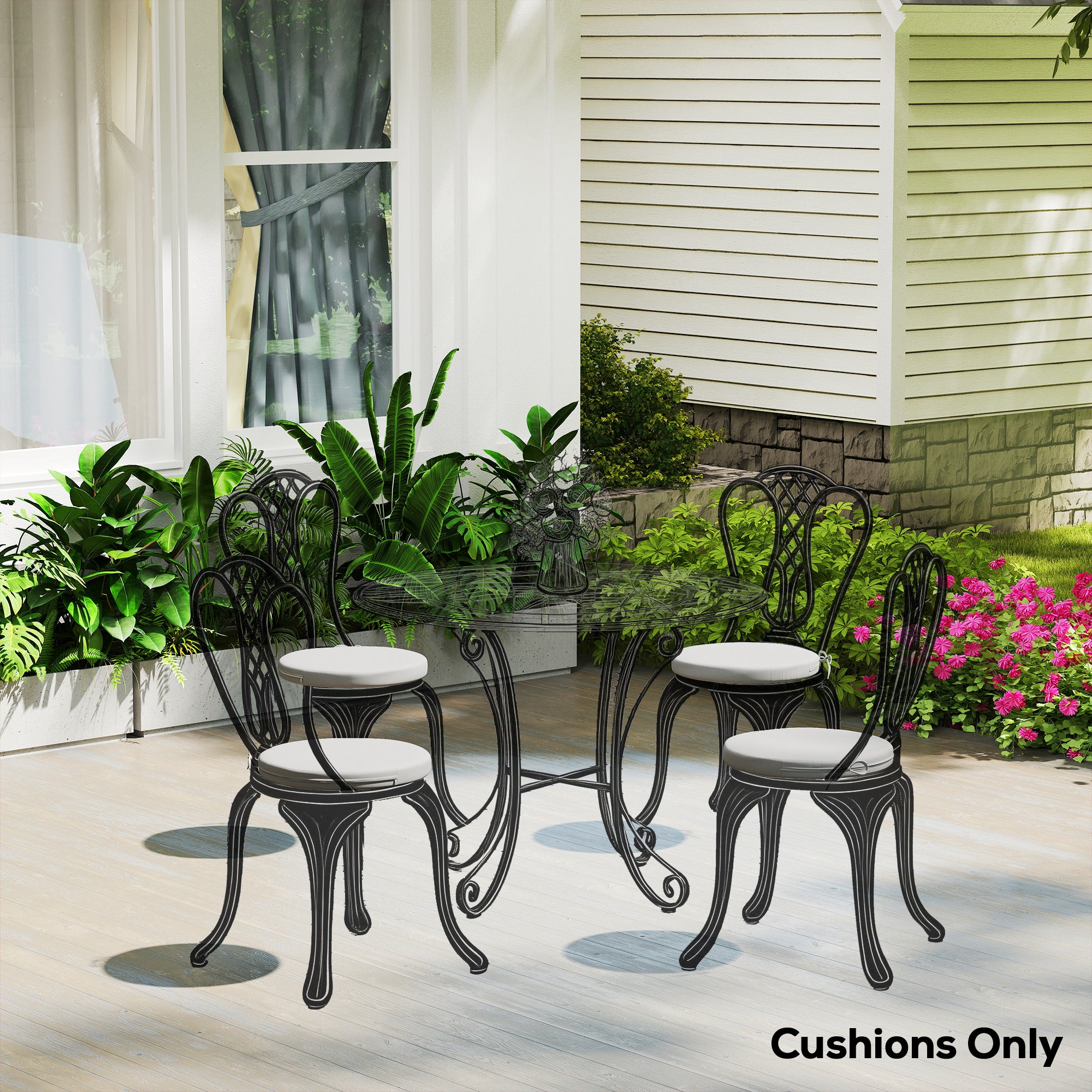 Outsunny Outdoor Bistro Chair Cushions Set of 4 with Removable Cover, 41 x 41 x 5 cm Round Seat Cushions with Ties, Light Grey 