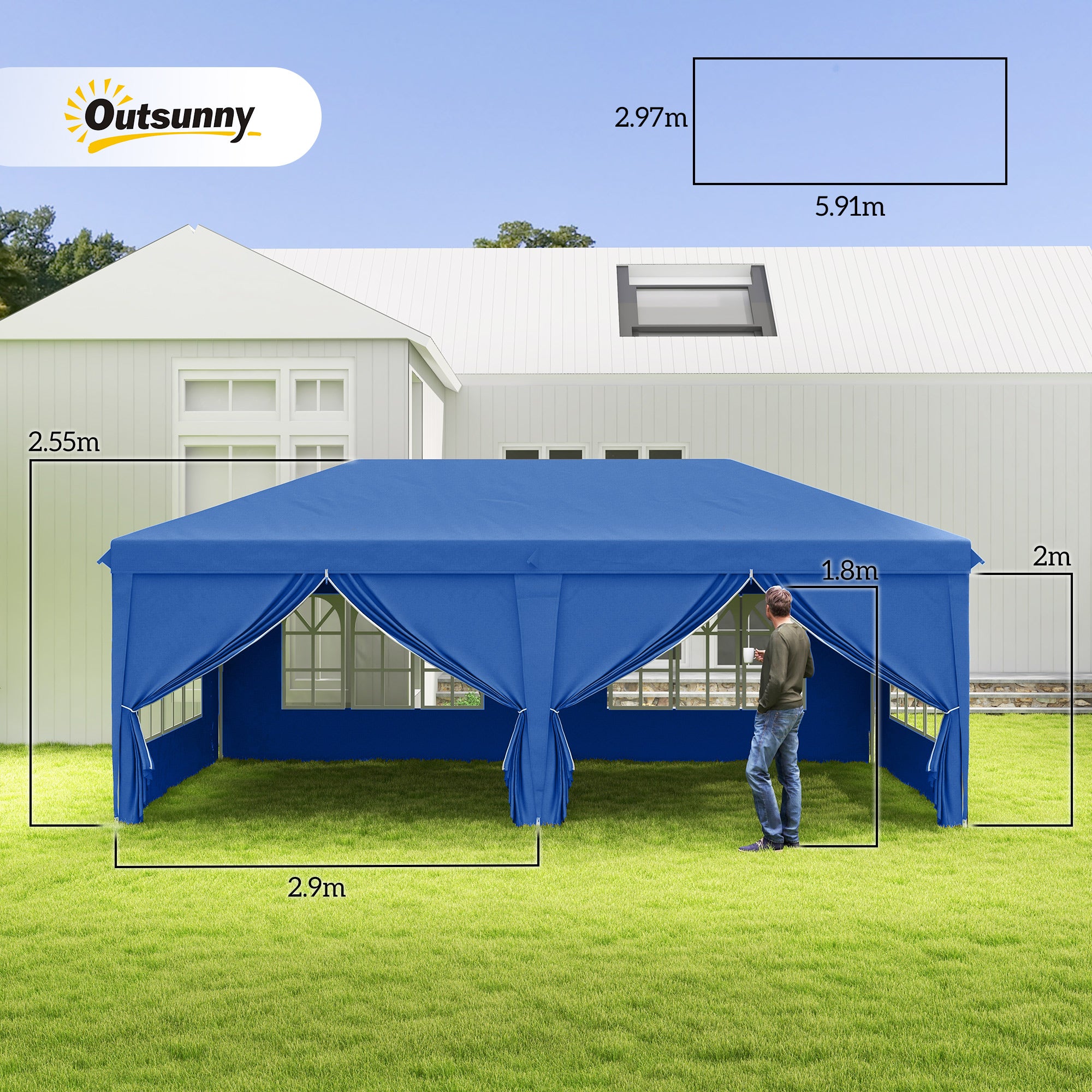 Outsunny 3 x 6 m Pop Up Gazebo with Sides and Windows, Height Adjustable Wedding Camping Party Tent Canopy Marquee with Storage Bag for Garden, Event, Blue