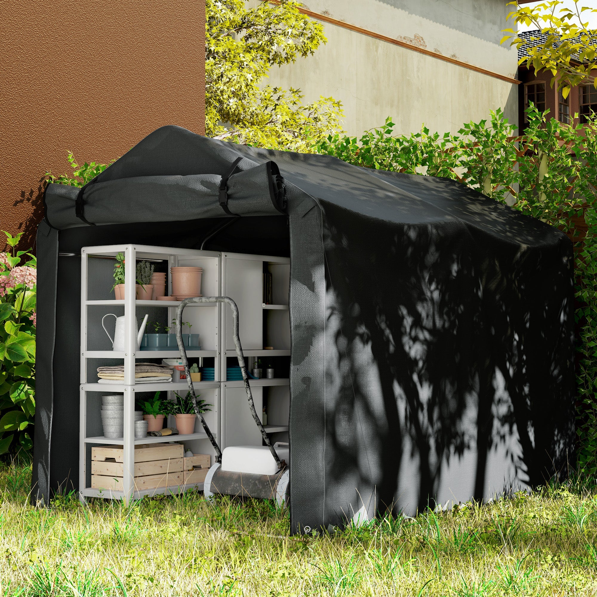 Outsunny 2.2 x 1.6 m Garden Storage Tent, Waterproof Anti-UV Bike Tent with Roll-up Zipper Door, Galvanised Outdoor Storage Shelter Carport for Bike, Motorbike, Garden Tools, Black 