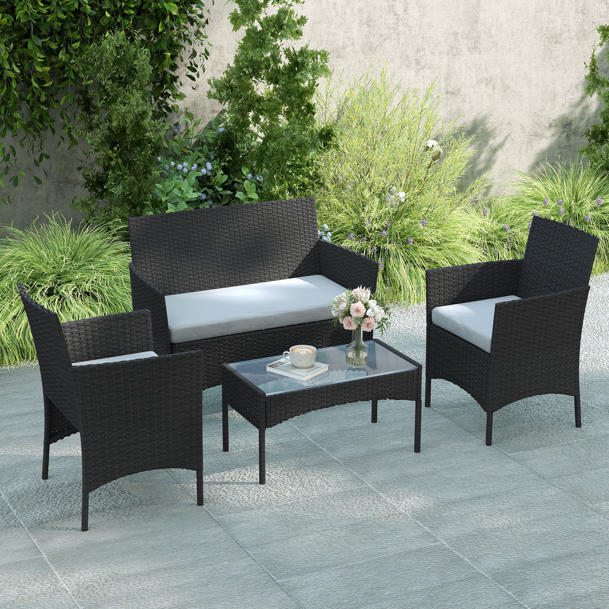 Outsunny 4 Piece Rattan Garden Furniture Sofa Set with Loveseat, Armchairs, Glass-Top Coffee Table and Cushions, Black 
