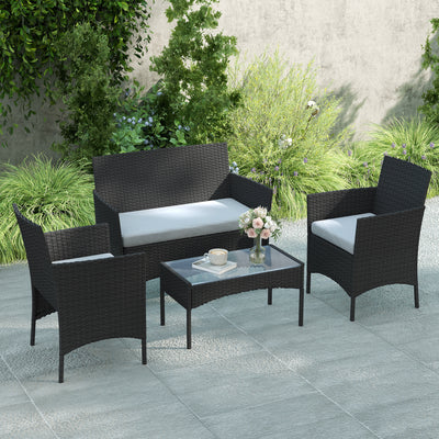 Outsunny 4 Piece Rattan Garden Furniture Sofa Set with Loveseat, Armchairs, Glass-Top Coffee Table and Cushions, Black 