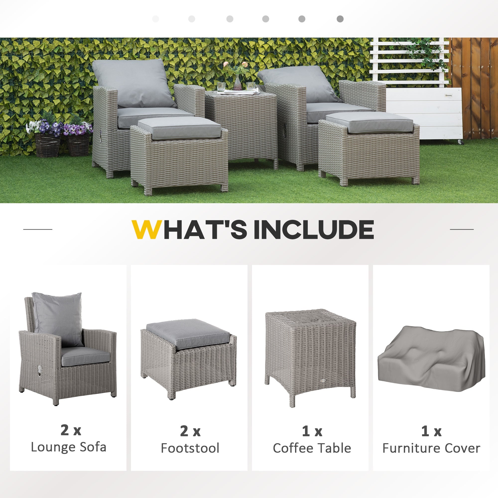 Outsunny 5 Pieces Outdoor PE Rattan Garden Furniture with Cushions, Patio Lounge Adjustable Backrest Chairs, Footstools and Cooler Bar Coffee Table & Cover, Grey 