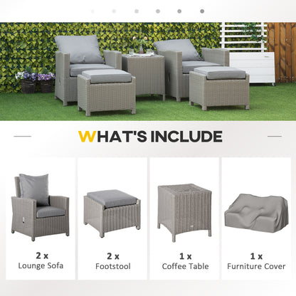Outsunny 5 Pieces Outdoor PE Rattan Garden Furniture with Cushions, Patio Lounge Adjustable Backrest Chairs, Footstools and Cooler Bar Coffee Table & Cover, Grey 