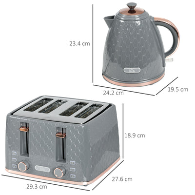 HOMCOM 1.7L 3000W Fast Boil Kettle & 4 Slice Toaster Set, Kettle and Toaster Set with 7 Browning Controls, Crumb Tray, Grey 