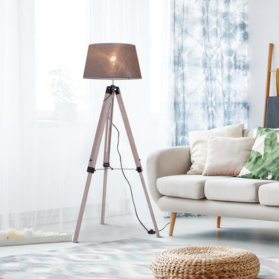 HOMCOM Tripod Floor Lamps for Living Room Bedroom, Modern Adjustable Standing Lamp with Wood Legs, Drum Fabric Shade, 99-143cm, Grey 