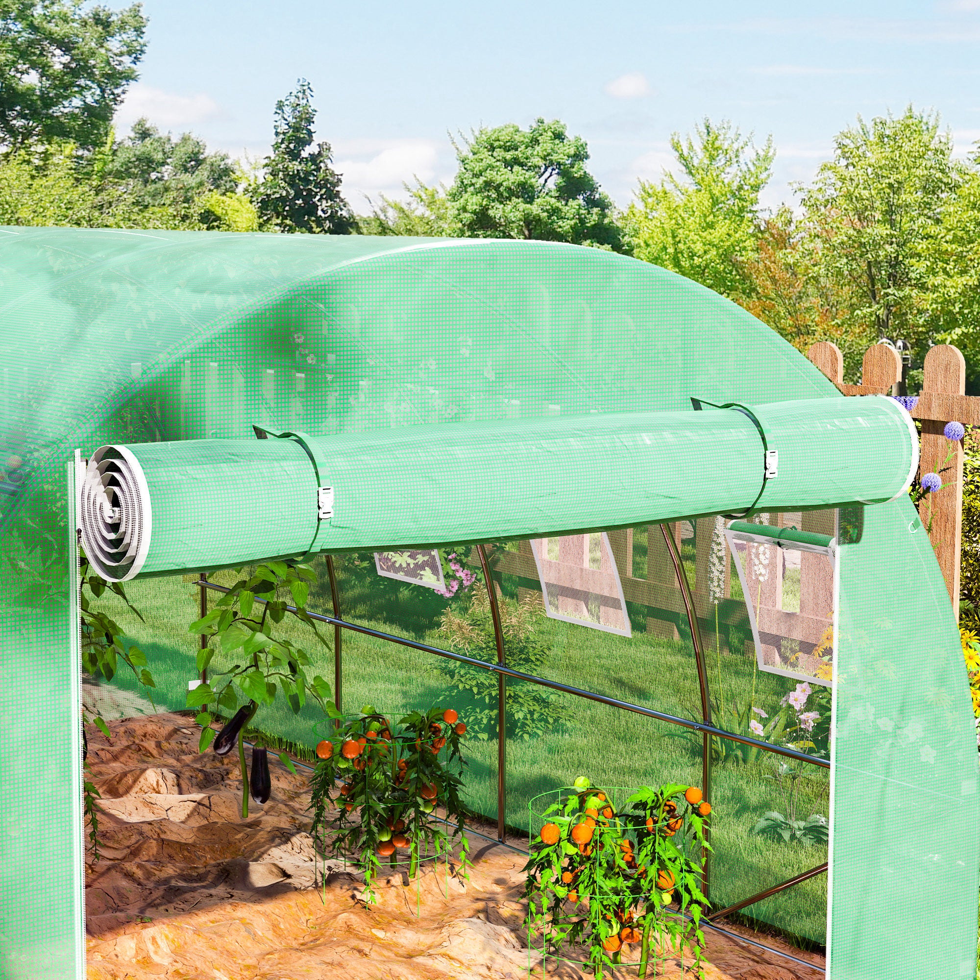 Outsunny 4 x 3 x 2m Polytunnel Greenhouse Replacement Cover ONLY Winter Garden Plant PE Cover for Tunnel Walk-in Greenhouse with Roll-up Windows Door Outdoor, Green