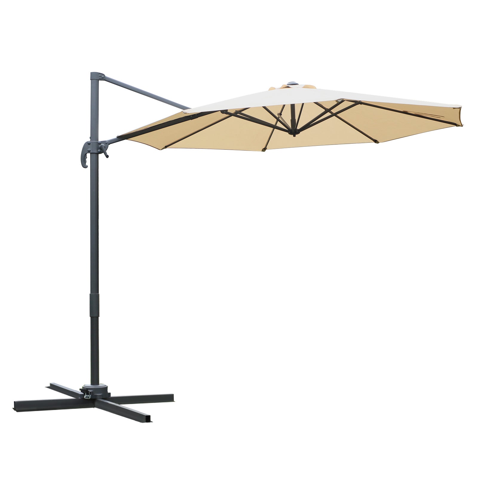 Outsunny Round Umbrella Parasol W/ Tilt 360° Rotation and Hand Crank Cross Base-Beige 