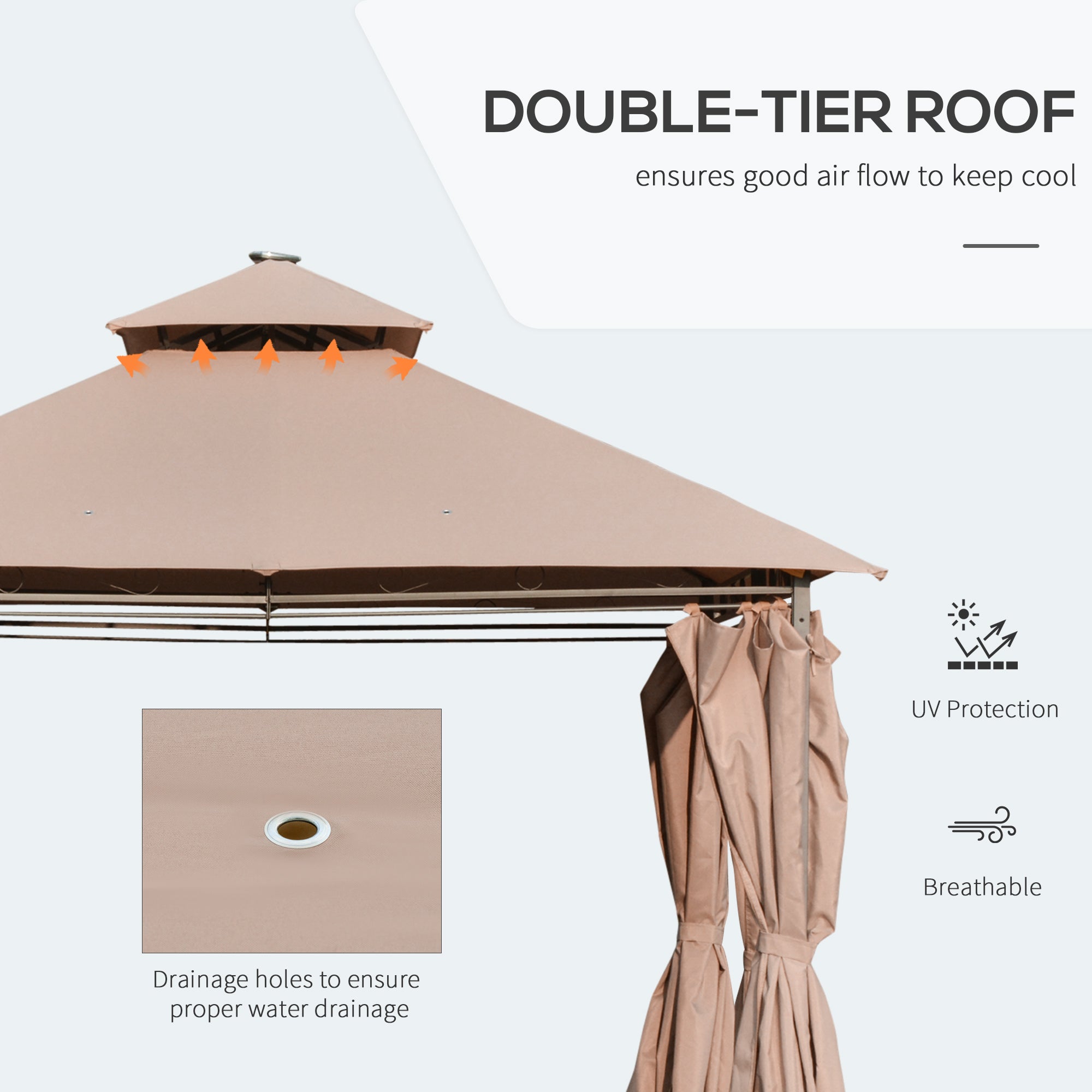 Outsunny 4 x 3(m) Outdoor Gazebo Canopy Party Tent Garden Pavilion Patio Shelter w/ LED Solar Light, Double Tier Roof, Curtains, Steel Frame, Khaki 