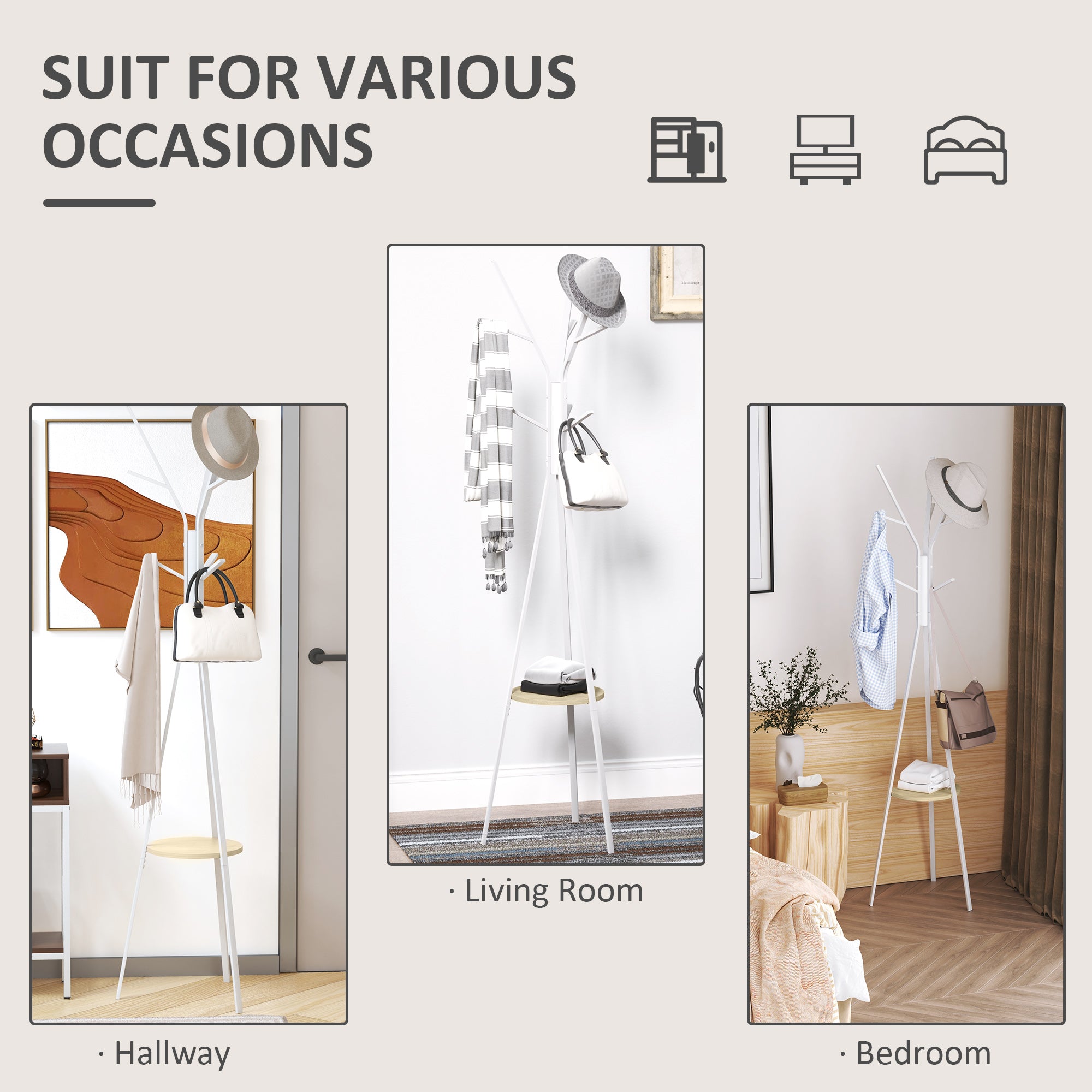 HOMCOM Freestanding Metal Coat Rack Stand 9 Hooks Clothes Tree with 1 Shelf Hat Display Hall Tree Hanger Bag Umbrella Hanging Organiser White 