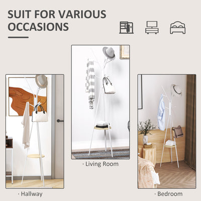 HOMCOM Freestanding Metal Coat Rack Stand 9 Hooks Clothes Tree with 1 Shelf Hat Display Hall Tree Hanger Bag Umbrella Hanging Organiser White 