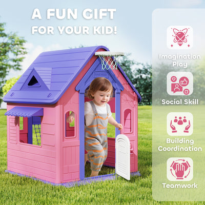 AIYAPLAY 5-in-1 Playhouse for Kids Outdoor Indoor with Basketball Hoop, Football Goal, Dartboard, Ring Toss for 2-5 Years, Pink 