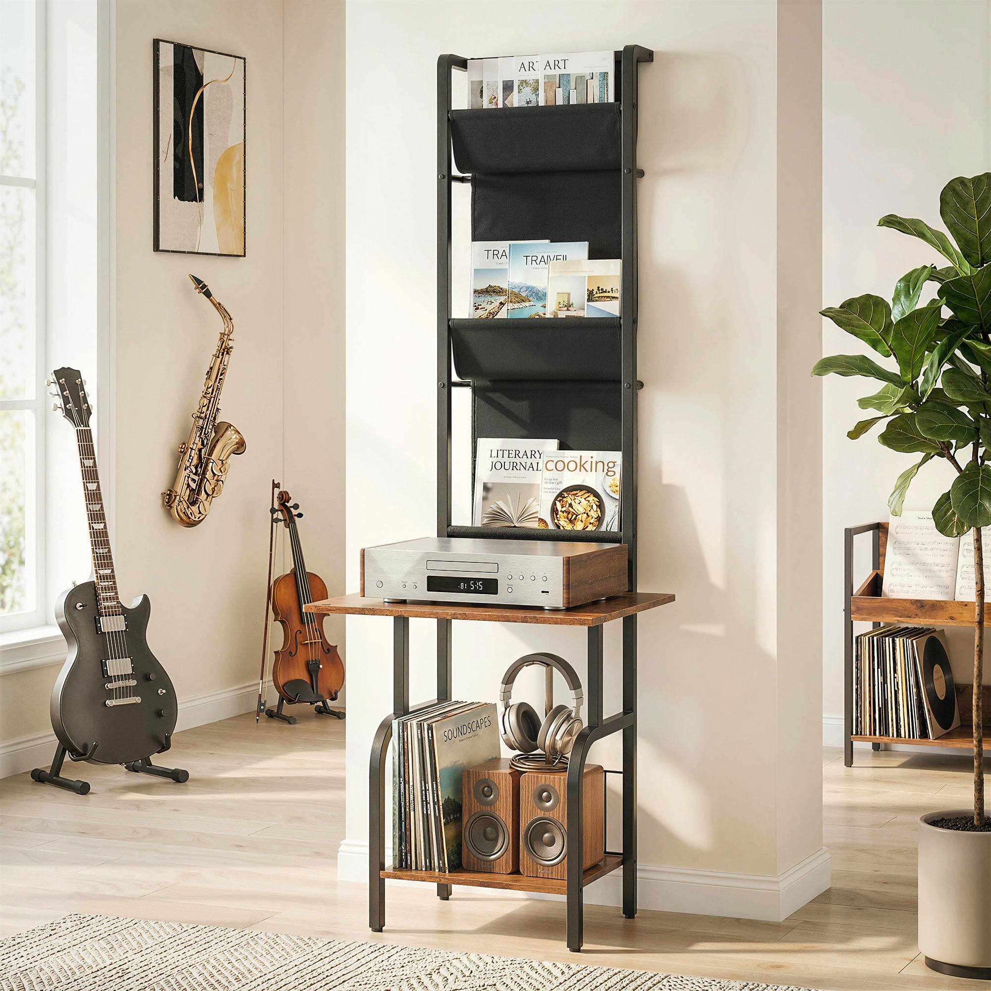 HOMCOM Vinyl Record Player Stand Record Storage with Player Stand Oxford Fabric Pockets Bottom Shelf Rustic Brown and Black 