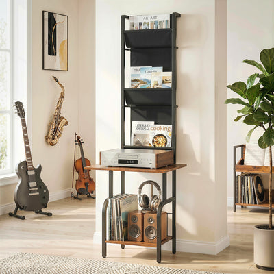 HOMCOM Vinyl Record Player Stand Record Storage with Player Stand Oxford Fabric Pockets Bottom Shelf Rustic Brown and Black 