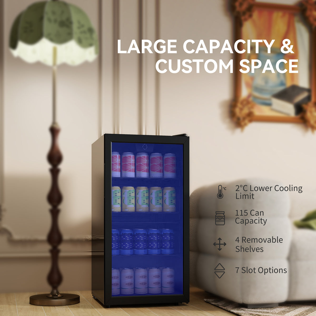HOMCOM 93L Drinks Fridge, 115 Can Freestanding Beer Fridge with Glass Door, Adjustable Shelves, LED Light, for Beer Soda, Black 