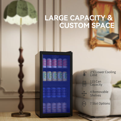 HOMCOM 93L Drinks Fridge, 115 Can Freestanding Beer Fridge with Glass Door, Adjustable Shelves, LED Light, for Beer Soda, Black 