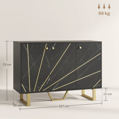 HOMCOM Sideboard Storage Cabinet, Modern Storage Cupboard with Adjustable Shelves and Metal Legs for Living Room, Kitchen, Dining Room, Entryway, Black Marble Tone 