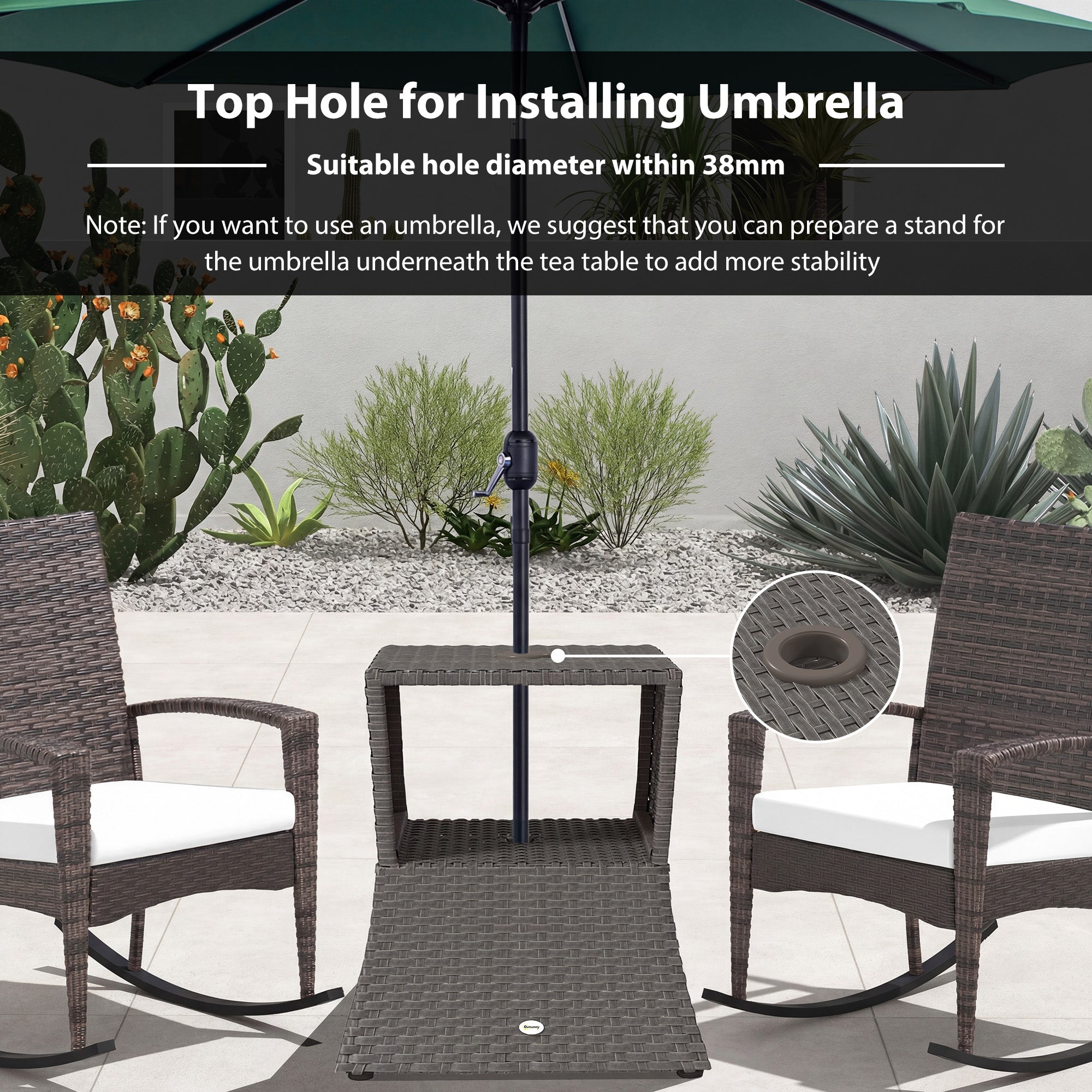 Outsunny Rattan Outdoor Coffee Table, Wicker Garden Patio Bistro Side Table with Umbrella Hole and Storage Space, Dark Grey 