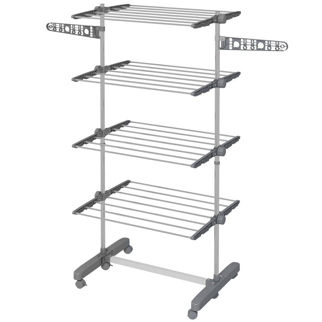 HOMCOM Four-Shelf Collapsing Clothes Horse, With Side Arms and Wheels - Grey 