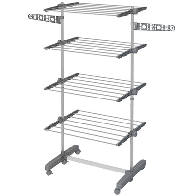 HOMCOM Four-Shelf Collapsing Clothes Horse, With Side Arms and Wheels - Grey 