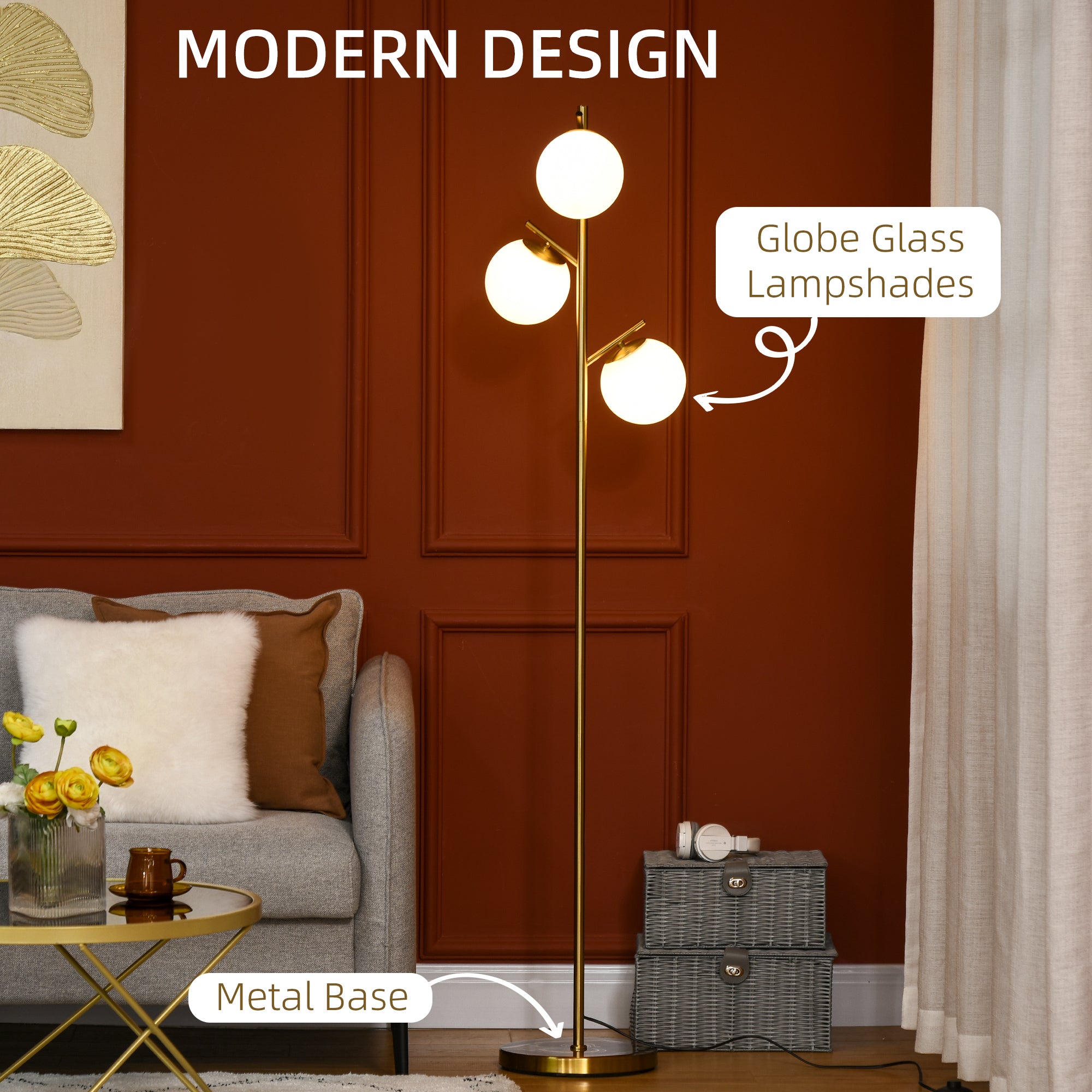 HOMCOM 3-Light Tree Floor Lamps for Living Room, Modern Standing Lamp for Bedroom with Globe Lampshade, Steel Base, Bulb not Included, Gold Tone 