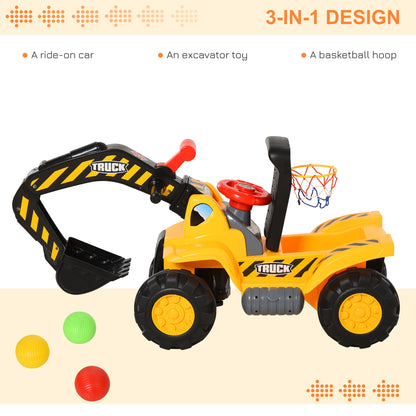 HOMCOM Kids Ride On Excavator Digger w/ Storage Basketball Net Steering NO POWER Wheel Vehicle Truck Toy 