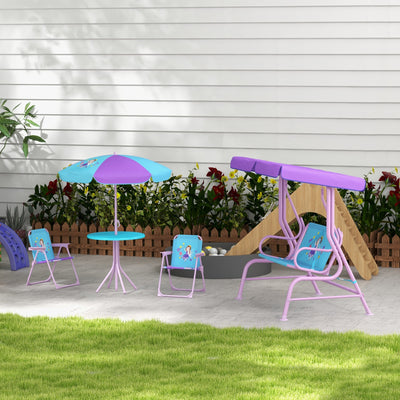 Outsunny 4PCs Kids Garden Furniture Set w/ 2 Seater Garden Swing Chair with Adjustable Canopy, Childrens Table and Chair Set with Parasol, for Toddler Girls 3-6 Years Old 