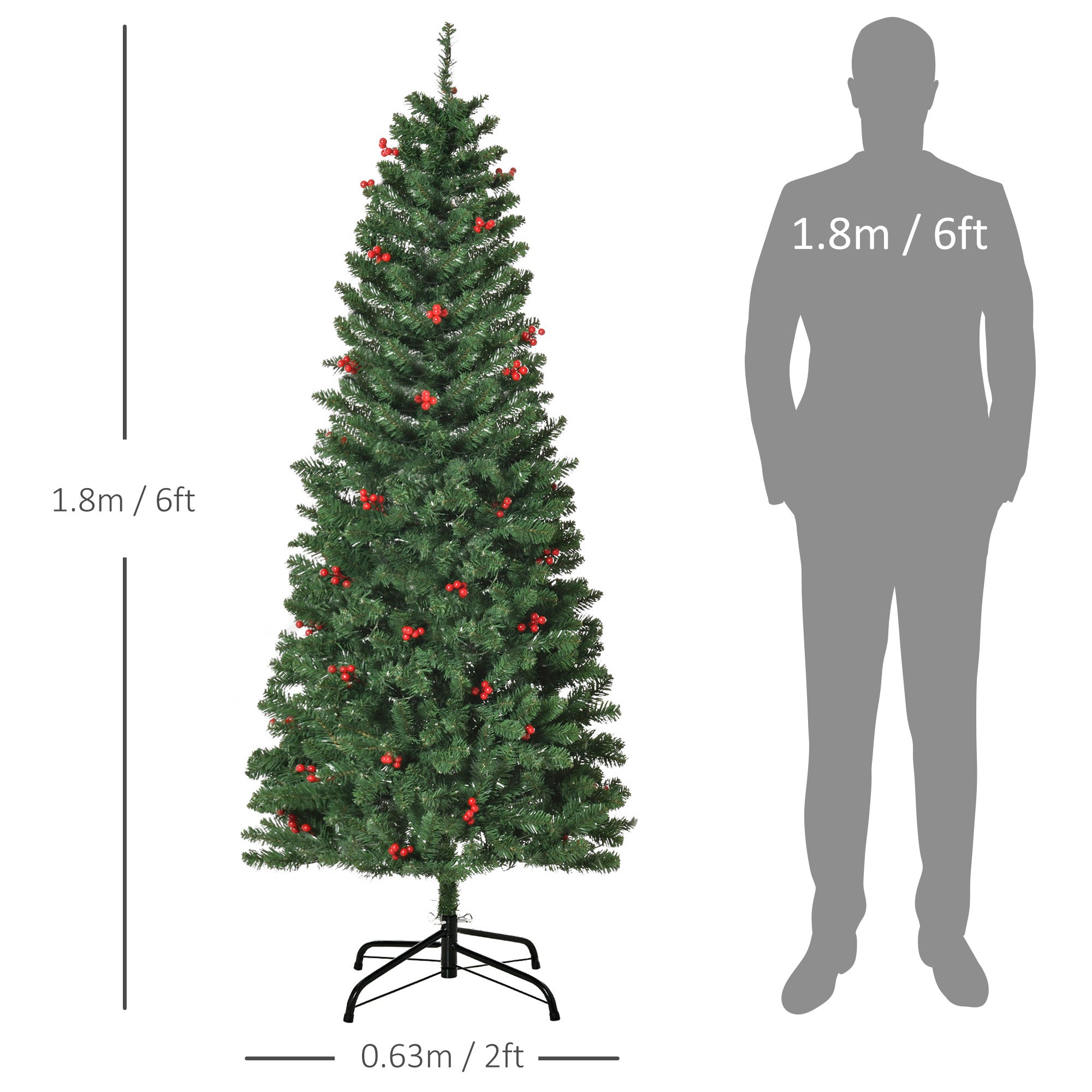 HOMCOM 6FT Prelit Artificial Pencil Christmas Tree with Warm White LED Light, Red Berry, Holiday Home Xmas Decoration, Green 
