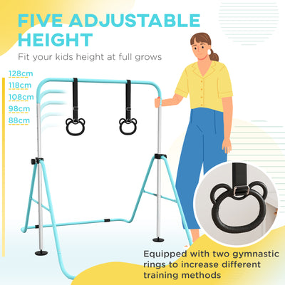 HOMCOM Adjustable Height, Foldable Kids Gymnastics Bar w/ Non-slip Rubber Floor Rings, for 3+ Years, Green 
