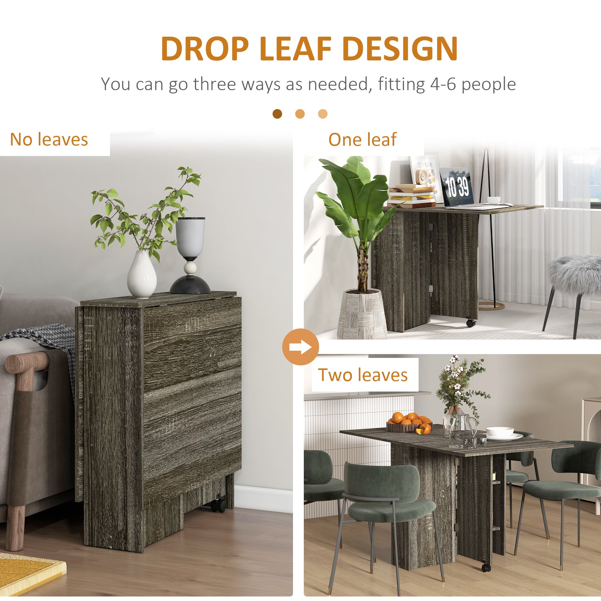 HOMCOM Folding Dining Table, Drop Leaf Table with 2-Tier Shelves, Rolling Casters, for Small Spaces, Kitchen, Grey