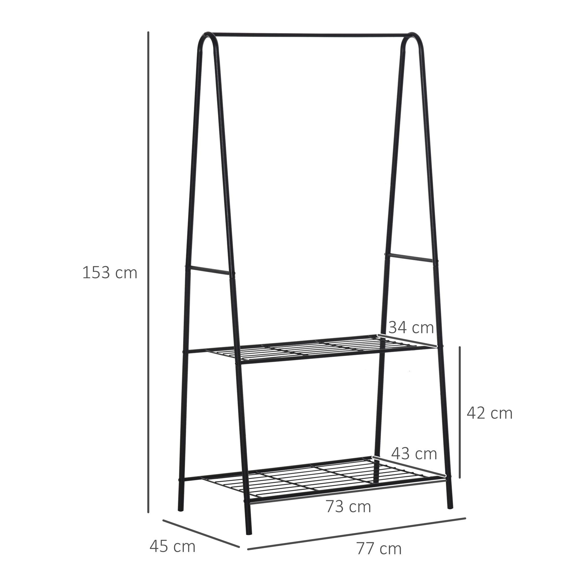 HOMCOM Metal Clothes Rack Coat Garment Hanger Hallway Organiser Hanging Rail Stand 2-tier Shoe Shelving A Shaped 77L x 45W x 153H cm Black 