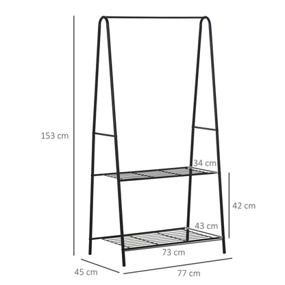 HOMCOM Metal Clothes Rack Coat Garment Hanger Hallway Organiser Hanging Rail Stand 2-tier Shoe Shelving A Shaped 77L x 45W x 153H cm Black 