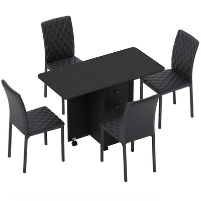 HOMCOM Dining Table Set, Folding Drop Leaf Table with Storage and 4 Chairs, Black